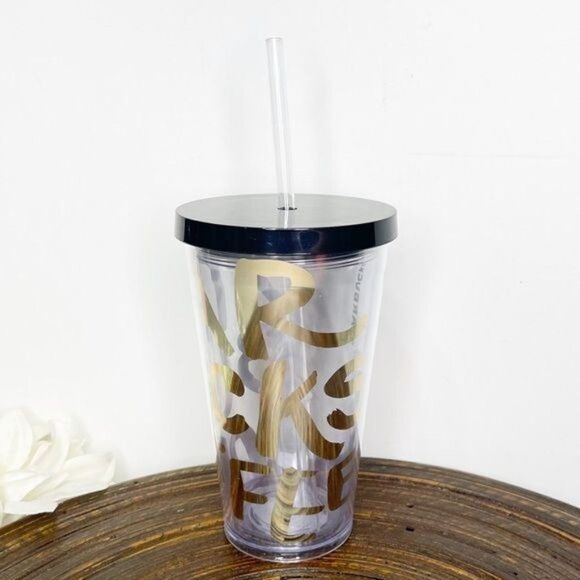 Starbucks Coffee Clear Grande Tumbler Gold Lettering Cold Cup - Picture 3 of 5